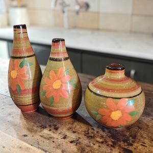 Small Ceramic Vase Set of 3 with Hand painted Floral Designs and Glazed Finish
